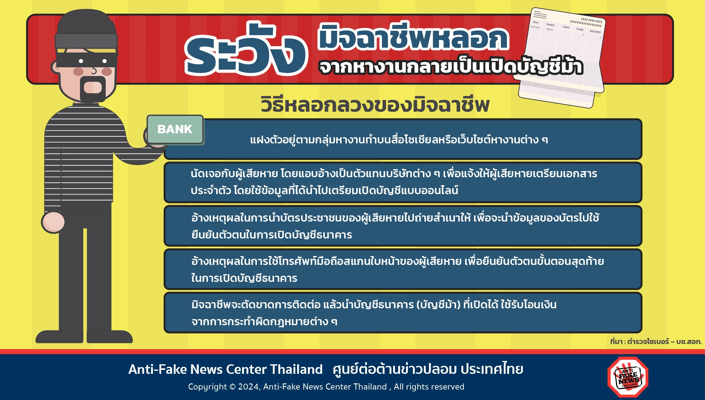 Web ระวังมิจฉาชีพหลอก จากหางานกลายเป็นเปิดบัญชีม้า