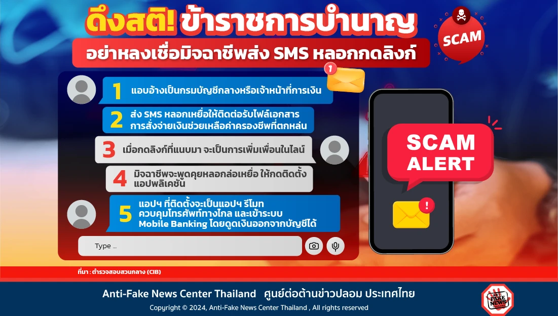 ดึงสติ! ข้าราชการบำนาญ อย่าหลงเชื่อมิจฉาชีพส่ง SMS หลอกกดลิงก์