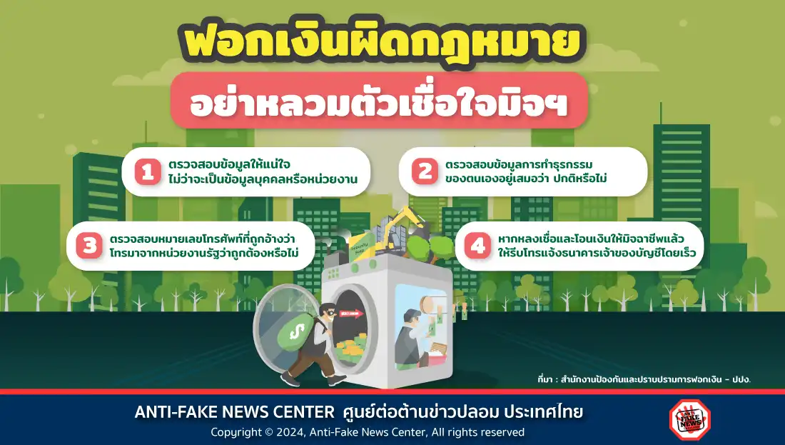 ฟอกเงินผิดกฎหมาย อย่าหลวมตัวเชื่อใจมิจฯ