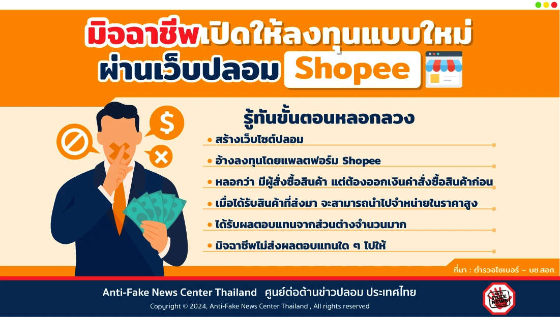 มิจฉาชีพเปิดให้ลงทุนแบบใหม่ ผ่านเว็บปลอม Shopee