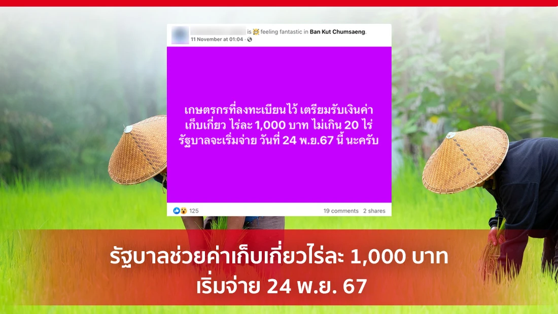 ค่าเก็บเกี่ยวไร่ละ 1,000 บาท