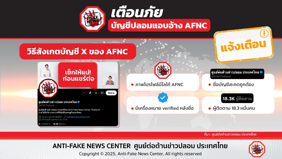 เตือนภัย บัญชีปลอมแอบอ้าง AFNC