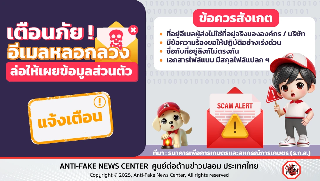 เตือนภัย! อีเมลหลอกลวง ล่อให้เผยข้อมูลส่วนตัว