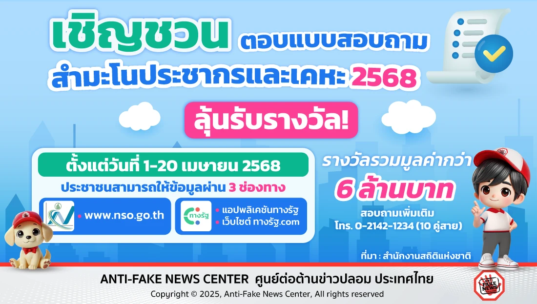 เชิญชวนตอบแบบสอบถามสำมะโนประชากรและเคหะ 2568 มีสิทธิลุ้นรับรางวัล!