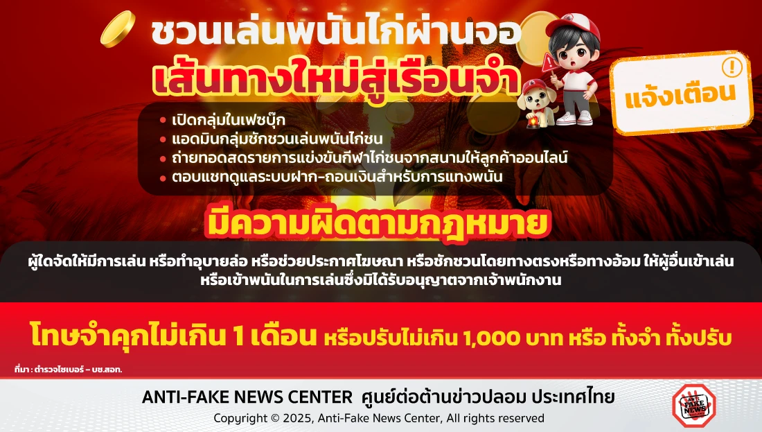 ชวนเล่นพนันไก่ผ่านจอ เส้นทางใหม่สู่เรือนจำ